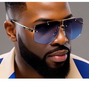 Men Rimless Square Sunglasses Gradient Blue Lens Gold Frame Oversized‎ Fashion